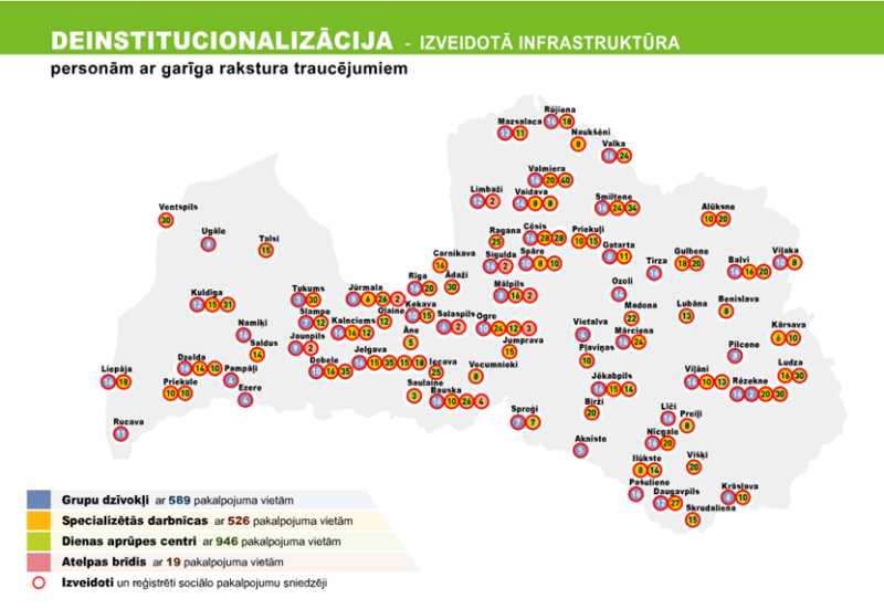 DI projektos izveidotā sabiedrība balstītu socialo pakalpojum infrastruktūra cilvēkiem ar GRT sadalījumā pa pašvaldībām/ infografika