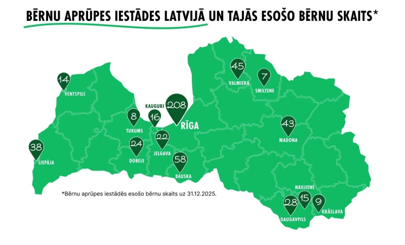 Bērnu aprūpes iestādes Latvijā un tajās esošo bērnu skaits karte 