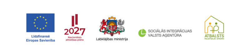 Eiropas Savienības, Nacionālā attīstības plāna 2027, Labklājības ministrijas, Sociālās integrācijas valsts aģentūras un “Atbalsts paliatīvajai aprūpei” logotipi izvietoti vienā rindā uz gaiša fona.