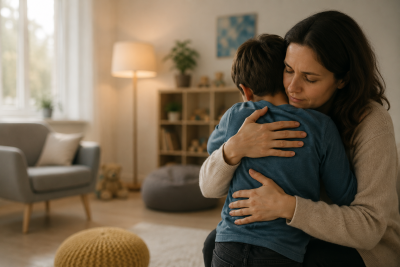 vizuāls attēls kur gaišā istabā apskaujas mamma ar bērnu