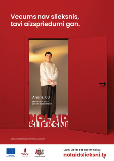 Kampaņas "nolaid slieksni" afiša ar Andri. Bilde ar Andri un viņa citātu. 