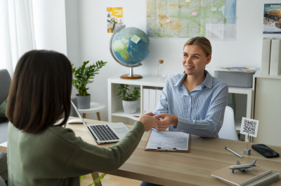Medium shot woman working as a travel agent