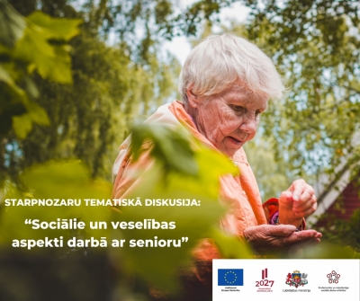 semināra plakāts, attēlā gados vecāka sieviete ,