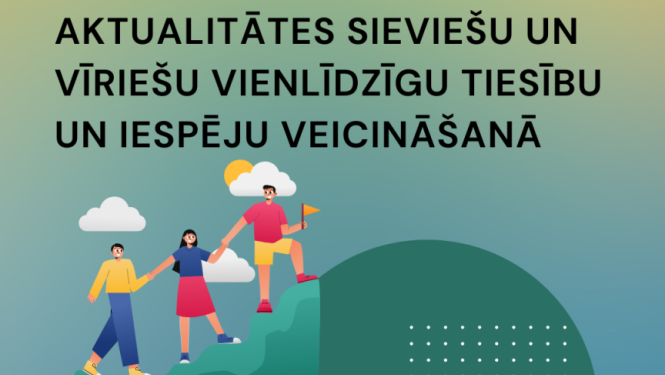 Aktualitātes sieviešu un vīriešu vienlīdzīgu tiesību un iespēju veicināšanā vizualis, kur cilveki trīs kāpj kalnā