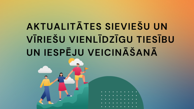 Aktualitātes sieviešu un vīriešu vienlīdzīgu tiesību un iespēju veicināšanā vizualis, kur cilveki trīs kāpj kalnā