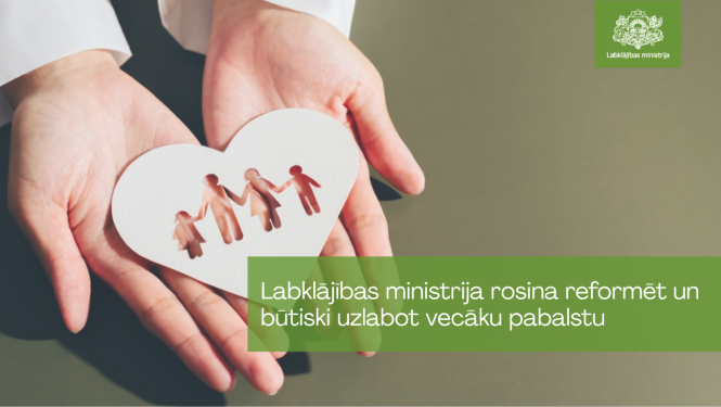 Divas plaukstas tur sirds formas izgriezumu ar ģimenes siluetiem. Attēlā informācija par Labklājības ministrijas priekšlikumu reformēt un būtiski uzlabot vecāku pabalstu.