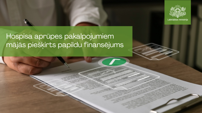 Labklājības ministrijas informatīvais vizuālis par papildu finansējumu hospisa aprūpes pakalpojumiem mājās. Attēlā redzama persona, kas paraksta dokumentu uz galda, virs dokumentiem attēloti digitāli dokumentu simboli. Zaļā joslā izvietots teksts: “Hospisa aprūpes pakalpojumiem mājās piešķirts papildu finansējums”. Augšējā labajā stūrī redzams Labklājības ministrijas logotips.