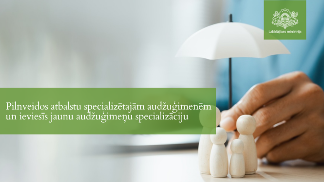 Attēlā redzama koka figūriņu ģimene zem lietussarga, kas simbolizē aizsardzību, drošību un atbalstu. Attēlā izvietots Latvijas Labklājības ministrijas logotips un teksts par pilnveidotu atbalstu specializētajām audžuģimenēm un jauniešu audžuģimeņu specializāciju.
