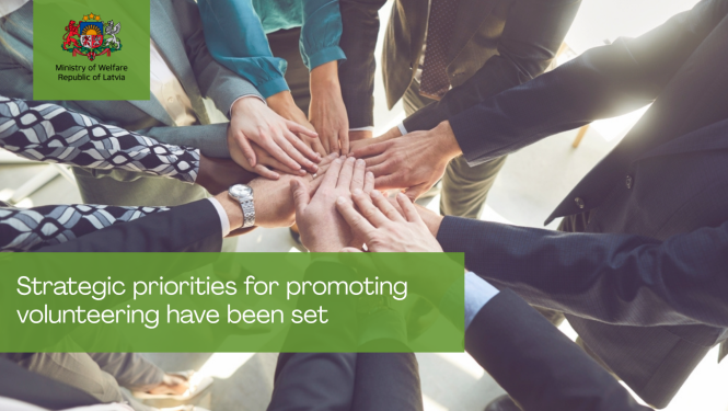Hands stacked together in a team gesture, with text about strategic priorities for promoting volunteering.