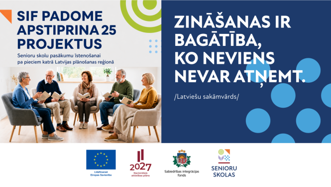 Sabiedrības integrācijas fonda informatīvs plakāts par 25 apstiprinātiem Senioru skolu projektiem. Plakātā norādīts, ka katrā Latvijas plānošanas reģionā tiks īstenoti pieci senioru skolu pasākumi. Attēlā redzama piecu senioru grupa, kas sēž aplī, lasa grāmatas un sarunājas. Labajā pusē izcelts latviešu sakāmvārds: "Zināšanas ir bagātība, ko neviens nevar atņemt." Apakšā redzami Eiropas Savienības, Nacionālā attīstības plāna 2027, Sabiedrības integrācijas fonda un Senioru skolu logotipi.