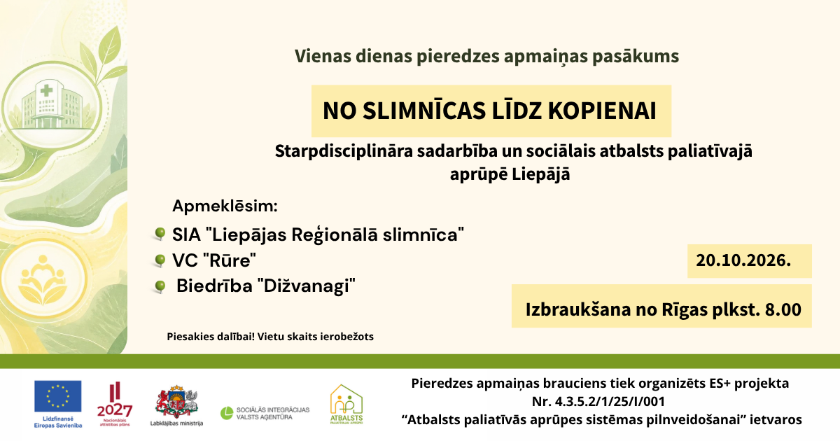 Aicinām paliatīvās aprūpes speciālistus un atbalsta sniedzējus no visiem Latvijas reģioniem piedalīties profesionālās pilnveides un savstarpējā atbalsta pasākumos!