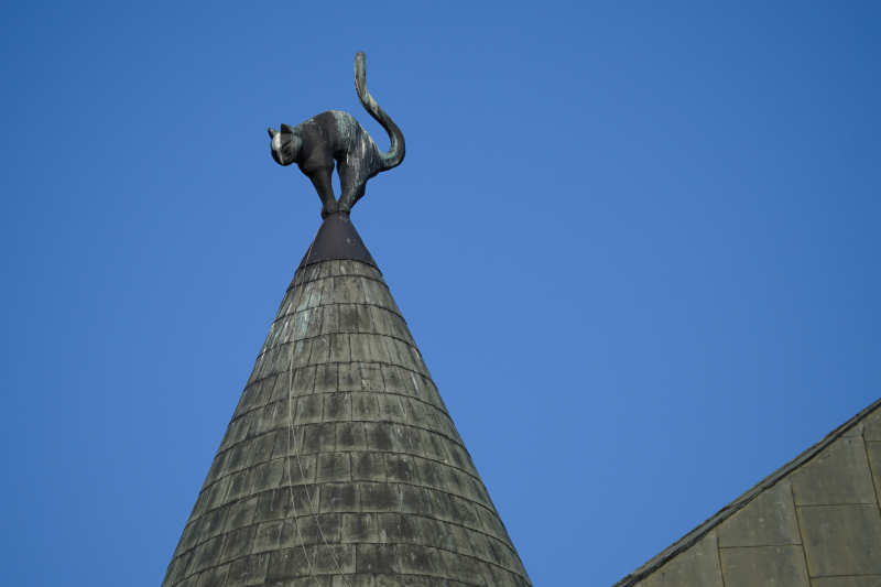 Foto: redzams Kaķu nama kaķa skulptūra uz jumta