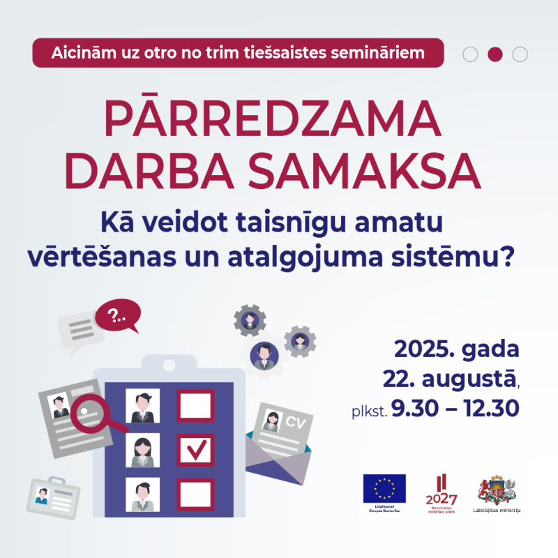 Aicinājums uz otro no trim tiešsaistes semināriem par tēmu 'Pārredzama darba samaksa – Kā veidot taisnīgu amatu vērtēšanas un atalgojuma sistēmu?', kas notiks 2025. gada 22. augustā no plkst. 9.30 līdz 12.30. Attēlā redzamas ilustrācijas ar cilvēku ikonām, CV un pārbaudes ķeksīti.