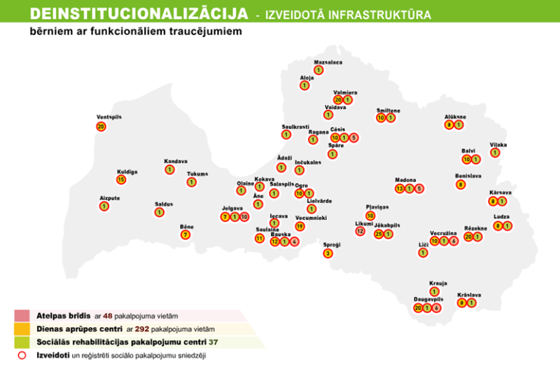 infografika: DI projektos izveidotā sabiedrībā balstītu sociālo pakalpojumu infrastruktūra bērniem ar FT sadalījumā pa pašvaldībām