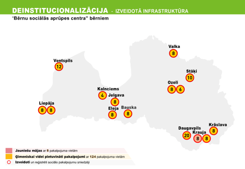 infografika : DI projektos izveidotā ģimeniskai videi pietuvinātu pakalpojumu infrastruktūra ārpusģimenes aprūpē esošiem bērniem sadalījumā pa pašvaldībām