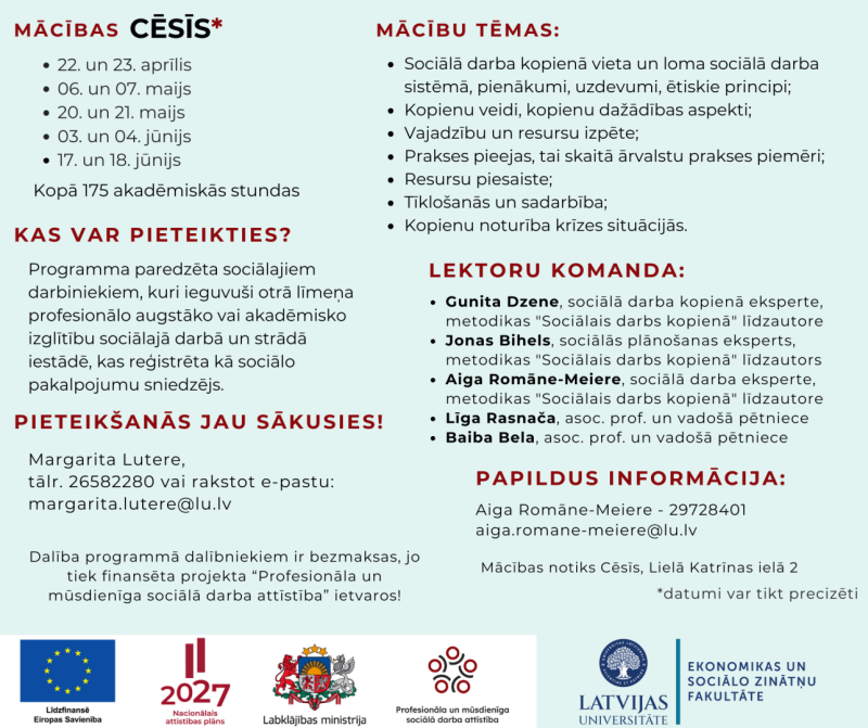 Infromācija par sociālo darbinieku apmācībām Cēsīs
