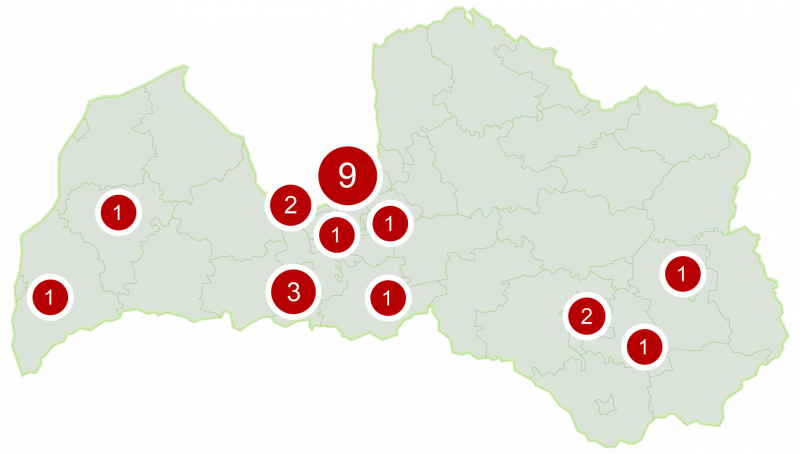 Latvijas karte ar norādītām vietām, kur ir iespējams saņemt ergoterapeita pakalpojumus