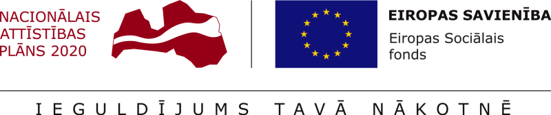 Eiropas karogs un uzraksts "Eiropas sociālais fonds" un stilizēta Latvijas karte. Sauklis apakšā "Ieguldījums tavā nākotnē"