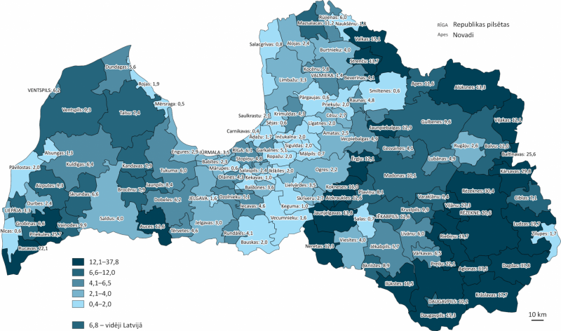 GMI pabalsta saņēmēju īpatsvars Latvijas novados uz 1000 iedzīvotājiem, vidēji mēnesī, 2021. gada I ceturksnis