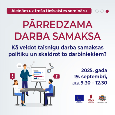 Tiešsaistes semināra afiša: "parredzama darba samaksa"