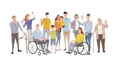 Cilvēku grupa, ieskaitot cilvēkus ratiņkrēslā, raugās uz priekšu. 