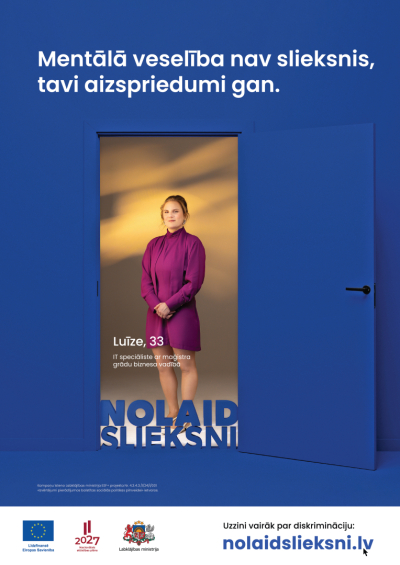 Kampaņas "nolaid slieksni" afiša ar Luizi. Bilde Luize kas stāv taisni un skatas uz priekšu un viņas citāts. Mentālā veselība nav slieknis, tavi aizspriedumi gan,