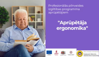 Afiša " profesionālās pilnveides izglītibas programma aprūpētājiem - aprūpētāja ergonomika" bilde pensionārs lasa grāmatu