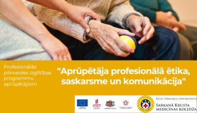 Afiša - profesionālās pilnveides izglītibas programmu aprūpētājiem "aprūtāja profesionālā ētika saskarsme un komunikācijā" bildē pensionāra rokas kuras tur palīgs