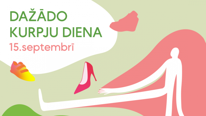 Zīmējums ar cilvēku un kurpēm. Liels uzraksts "15. septembris. Dažādo kurpju diena"