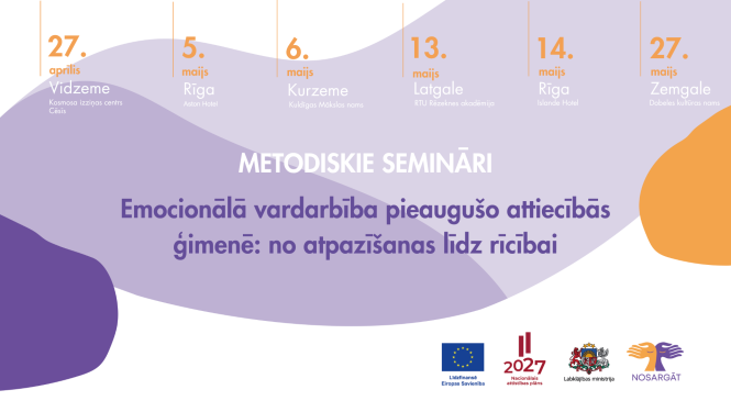 Afiša par metodiskajiem semināriem "Emocionālā vardarbība pieaugušo attiecībās ģimenē: no atpazīšanas līdz rīcībai" un datumiem 27.04,5.05,5.05,13.05,14.05,27.05.