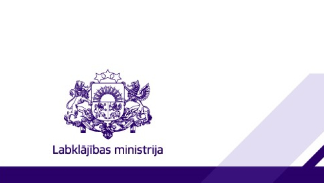 Labklājības ministrijas logo uz balta fona un sāna dekoratīvas lillā krāsā svītras