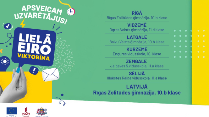 Grafisks attēlis ar uzrakstu "Lielā Eiroviktorīna. Apsveicam uzvarētājus!"