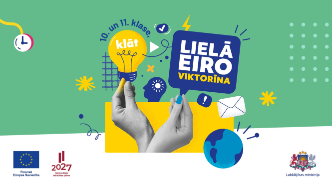 Grafisks zīmējums. Divas rokas: kreisajā spuldzīte, labajā uzraksts "Lielā Eiroviktorīna". Apakšā ES un Labklājības ministrijas logotipi