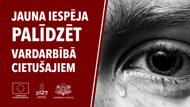Melnbalts foto ar bēdīga cilvēka aci un asaru. Fonā uzraksts "Jauna iespēja palīdzēt vardarbībā cietušajiem"