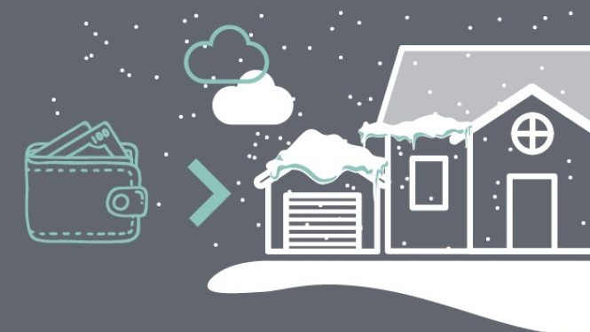 Mājokļa pabalsta ziemas mēnešos infografikas vizuālais elements, naudas maciņš kas ar bultiņu norāda uz māju, un apkārt attēlots sniegs.