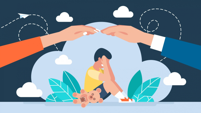 bērns aizklājis seju sargājošas rokas pāri