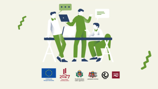 semināra titulbilde, cilvēki stāv/šež pie galda un diskute, un 