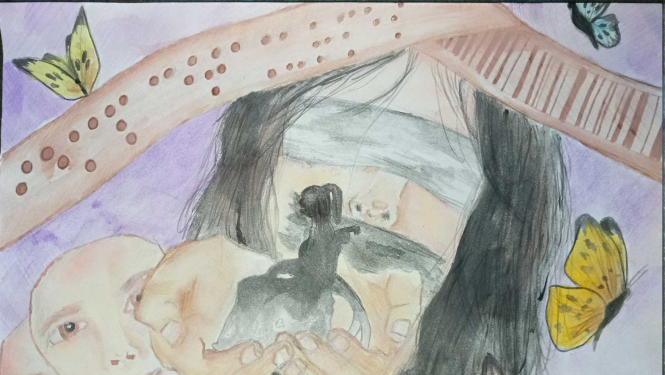 Zīmējums - tumšmatainas meitenes seja ar aizsietām acīm un muti