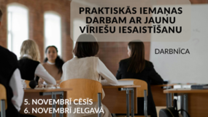 Plakāts par pasākumu - praktiskās iemaāns darbā ar jaunu vīriešu iesasitīšanu