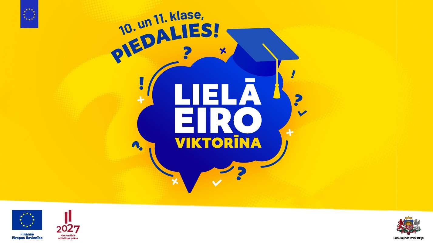 Zils mākonis ar studenta cepuri uz dzeltena fona. Uzraksti "10.-11. klases piedalieties! Lielā Eiroviktorīna". Apakšā ES fondu un Labklājības ministrijas logotipi