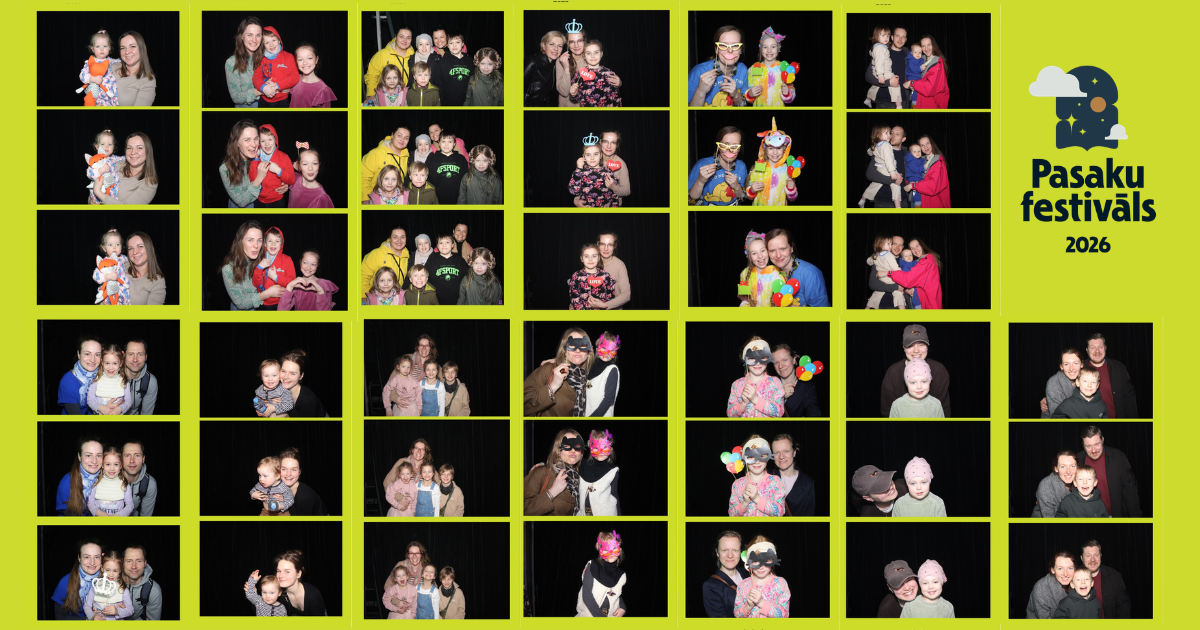 Pasaku festivāla “Ģimenes foto pieturas” foto kolāžas ar ģimenēm kas uztaisījušas foto būdiņas bildes