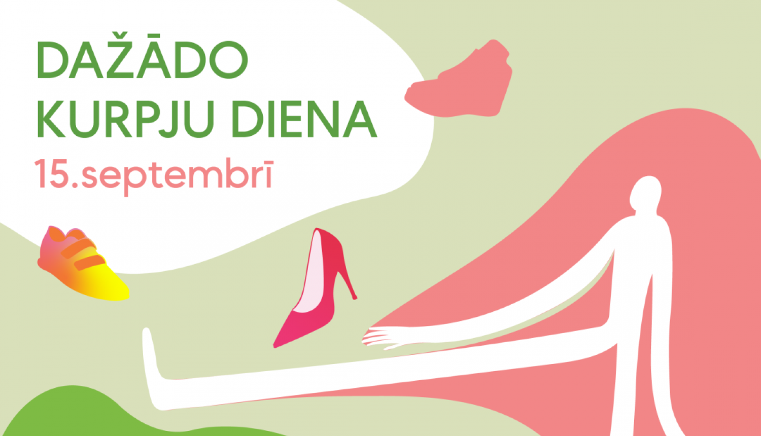 Zīmējums ar cilvēku un kurpēm. Liels uzraksts "15. septembris. Dažādo kurpju diena"