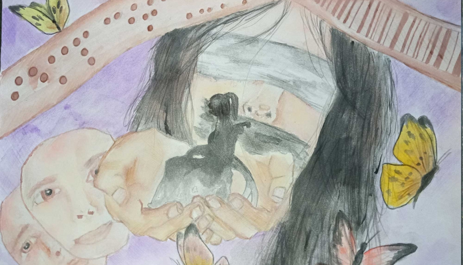 Zīmējums - tumšmatainas meitenes seja ar aizsietām acīm un muti